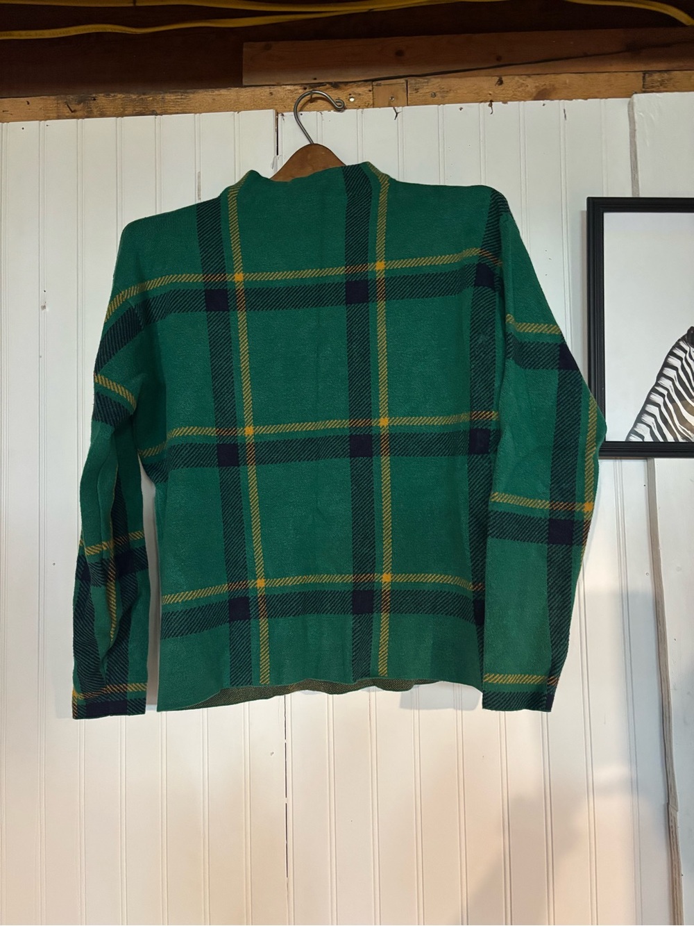 Tahari Green Plaid Turtleneck Sweater with Navy and Yellow Stripes